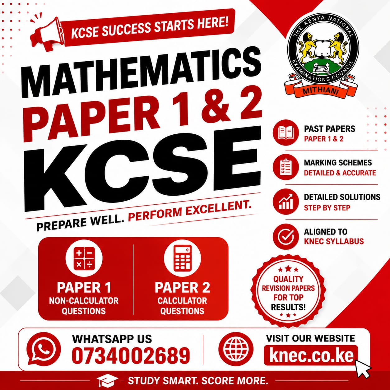 KCSE Mathematics Paper 1 & 2 — Past Papers, Marking Schemes, Detailed Solutions. WhatsApp 0734002689